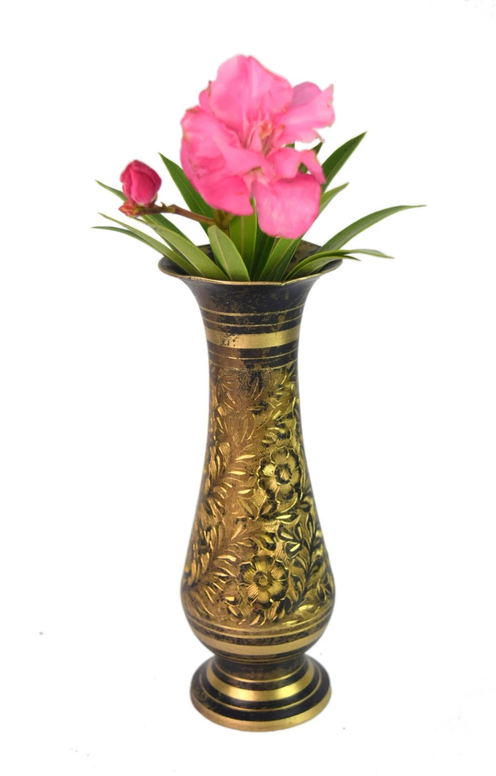Pequeño Jarrón Florero Antiguo Grabado a Mano Diseño Latón Mesa Decor Flor Tapa