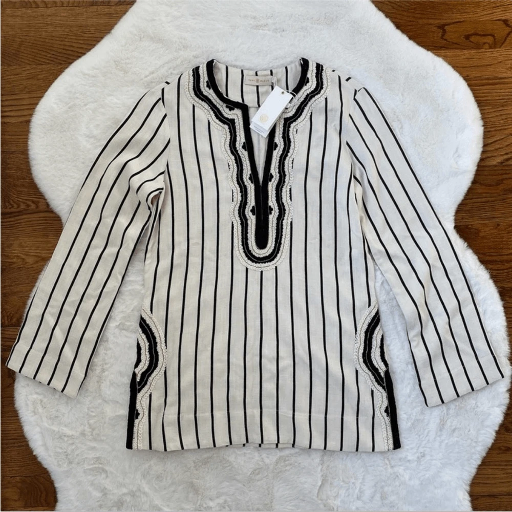 Tunica nera avorio Filipa Rayon a righe Tory Burch nuova con etichette nuova con etichette