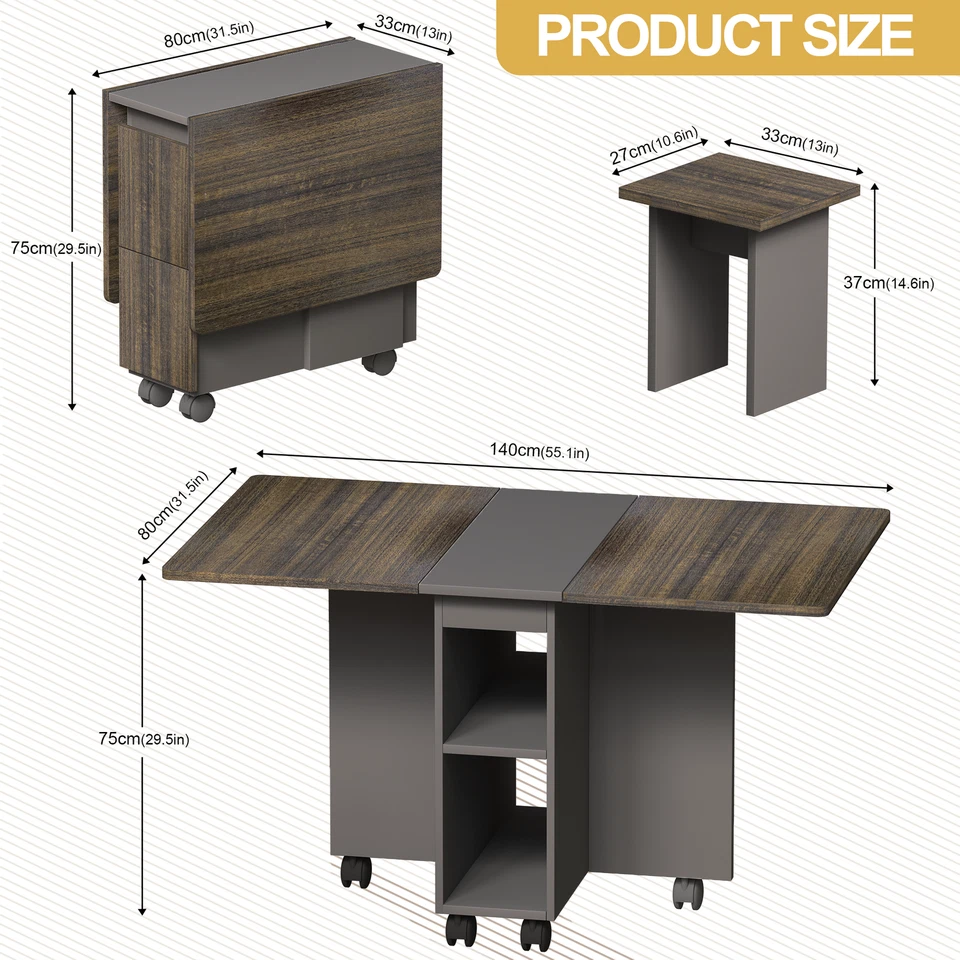 Juego de mesa de comedor plegable extensible de madera de 5 piezas con 4 sillas de almacenamiento 6 ruedas Foto 4 de 4