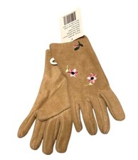 Womens Gloves Brown Polyester Fleece With Pink Flower Embroidery NWT