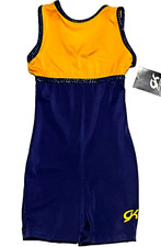 GK Elite Biketard Unitard Tank Leotard Silky Yellow Navy Glitter New Girl M 6 7