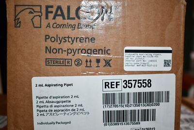 Case of 200 NEW Falcon 357558 Disposable Aspirating Pipettes, Polystyrene, Steri