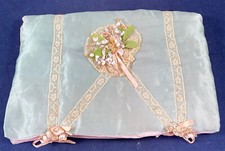 Blue Pink Silk Rosette Lace Trim Boudoir Lingerie Handkerchief Hanky Holder VTG