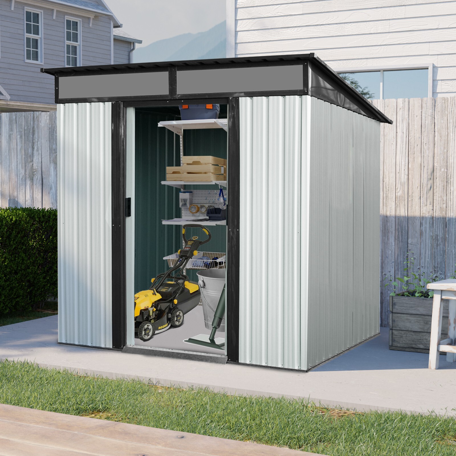 6x5 FT Outdoor Garden Metal Storage Shed with Floor & Lockable Sliding Door