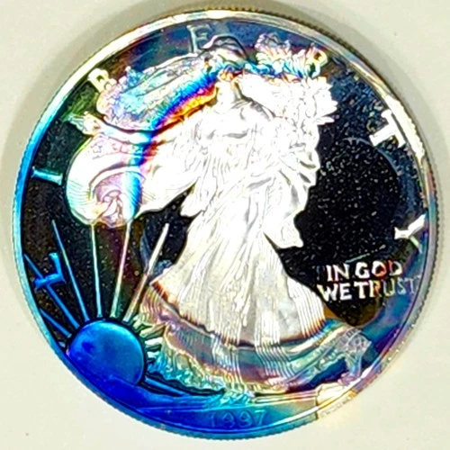 1997-P GEM Proof  Silver Eagle Deep Cameo Outrageous Rainbow Color Toned