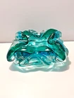 Vtg MCM Murano Italy Sumerso Blown Art Glass Ashtray Bowl Blue Green Teal Heavy