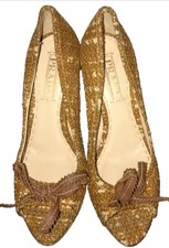 PRADA Brown Tweed Bow Wedge Peep Toe Pumps Size 37