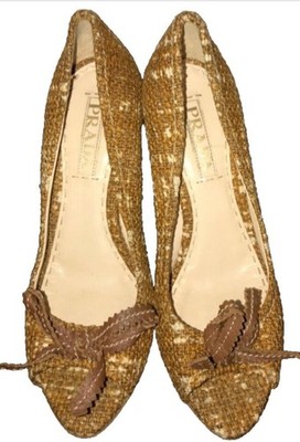 PRADA Brown Tweed Bow Wedge Peep Toe Pumps Size 37