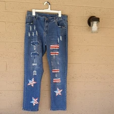 Source Unknown Blue Straight Leg Jeans with Red and White Accents