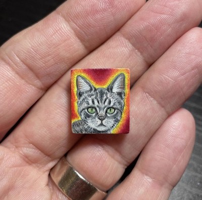 Gray Tabby Cat Art Miniature Oil Painting Original Scrabble Tile OOAK