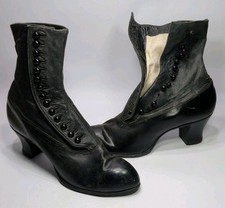 Victorian Edwardian Button Up Black Leather Wool Shoes Halloween Witch Sz 5-5.5