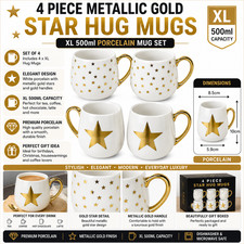 4 Piece Porcelain Metallic Gold Star Hug Mugs Set XL 500ml Tea Coffee Cups