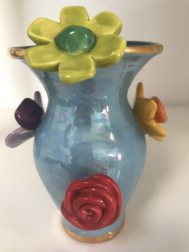 Mary Rose Young Blumenvase Handgefertigt & handbemalt in England. Grün Gold Vase - Bild 3 von 4