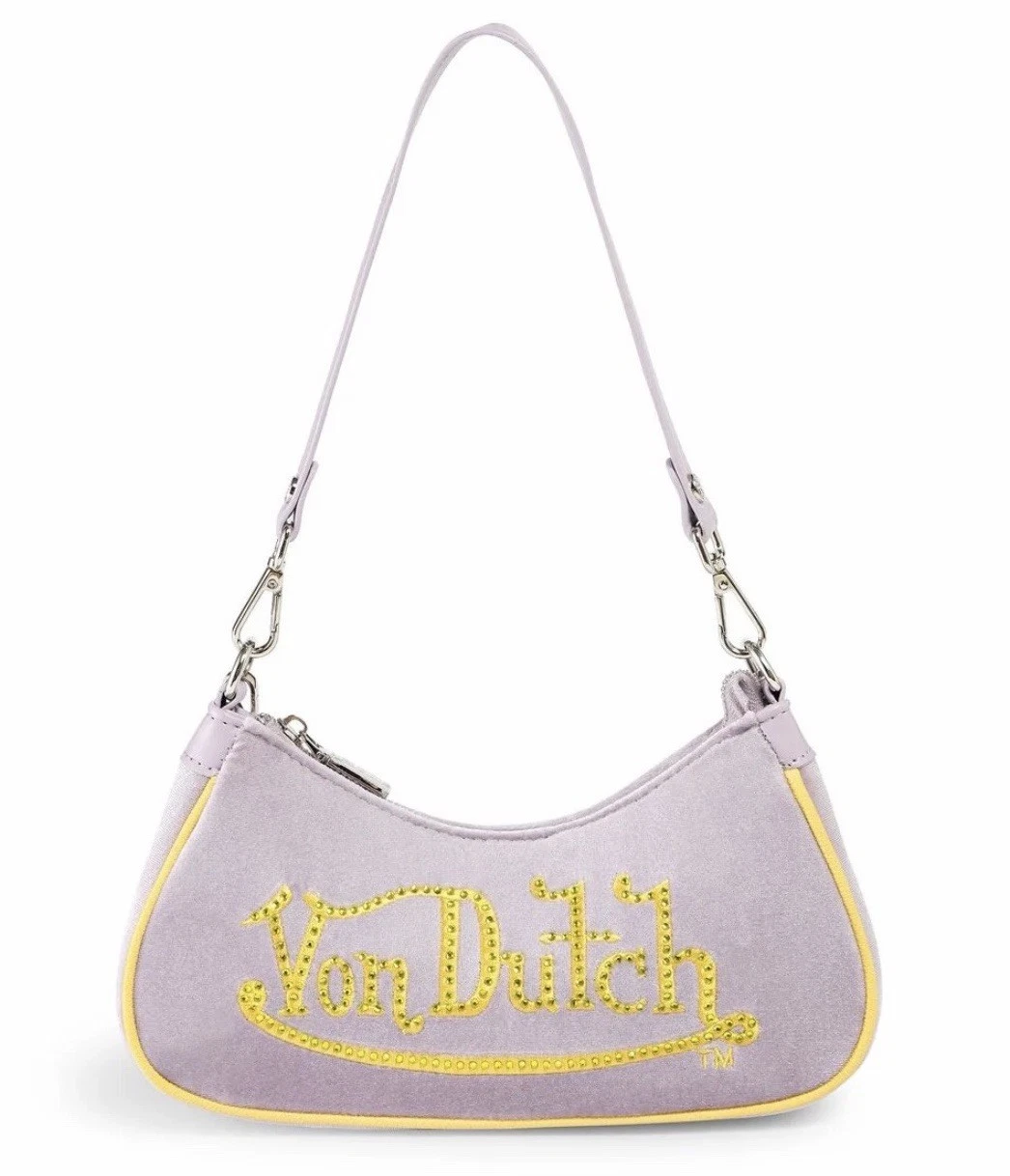 Von Dutch Lavender & Yellow Rhinestone Velvet Shoulder Bag Purse New Rare Color