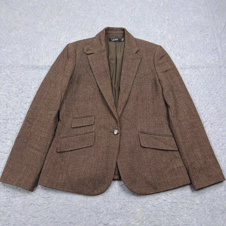 Lauren Ralph Lauren Blazer женщин 10 коричневый сплетенный кнопка льняной шерсти лошадь куртка - Изображение 2 из 4