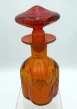 9.5" Persimmon Crackle 1963 Rainbow Art Glass Square Decanter & Mushroom Stopper