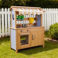 Kids Outdoor Mud Kitchen Wooden Playset with Sink Canopy Pots Wheels