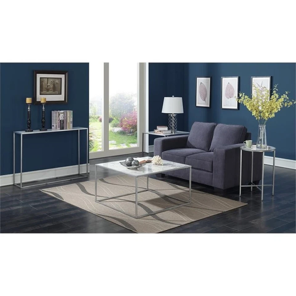 Mesa auxiliar redonda de mármol sintético Gold Coast Convenience Concepts - Marco de metal plateado Foto 4 de 4