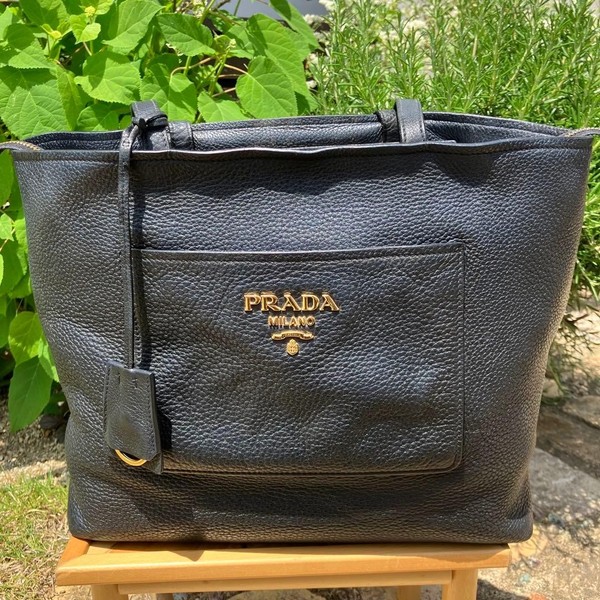 PRADA Black Leather Nylon Tote Bag Unisex Authentic Designer Handbag