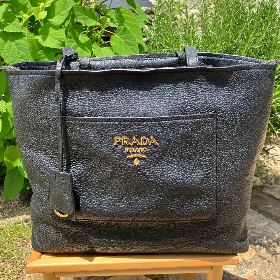 PRADA Black Leather Nylon Tote Bag Unisex Authentic Designer Handbag