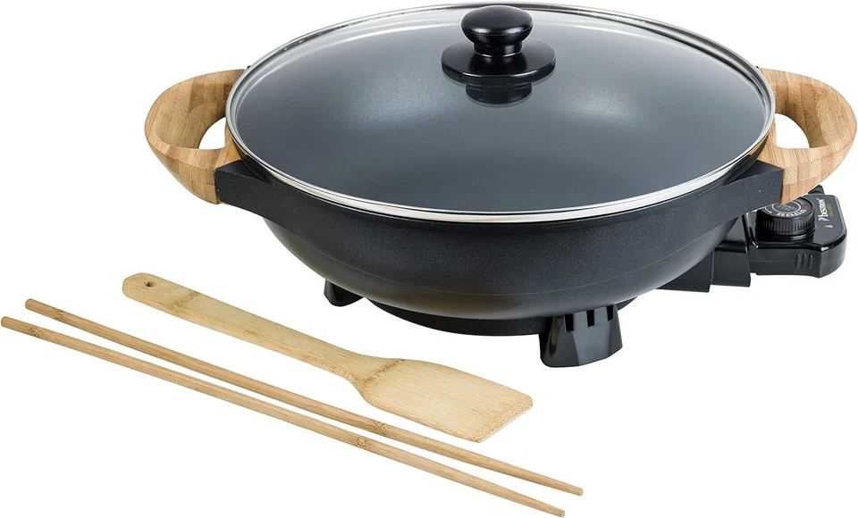 BESTRON Elektrischer Asia Wok mit Deckel Chinesisch Kochen Elektro Pfanne Bambusgriff 5L