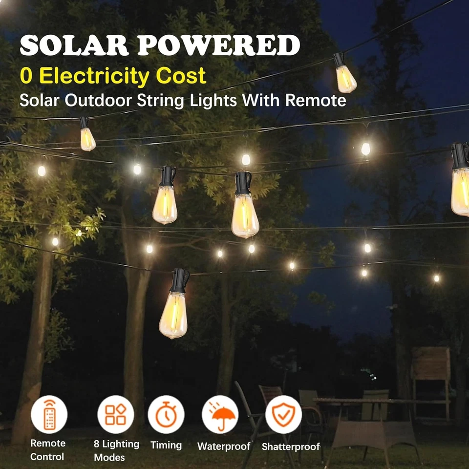 Solar String Lights Patio Waterproof LED Light Bulb Garden Party Remote Control - Image 4 of 4