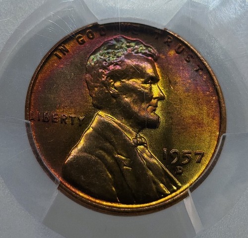 1957 D Lincoln Cent 1C PCGS MS65RB CAC Rainbow Toned True Monster Neon Toning - Picture 10 of 11