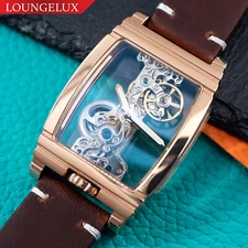 Mens Rose Gold Manual Mechanical Watch Brown Oil Waxed Vintage Leather Strap