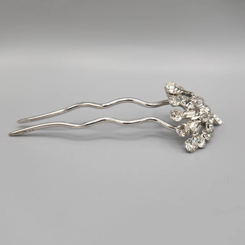 Vintage Baguette Pear Round Clear Rhinestone Rhodium Plate Hair Fork Comb Pin - Image 4 of 4