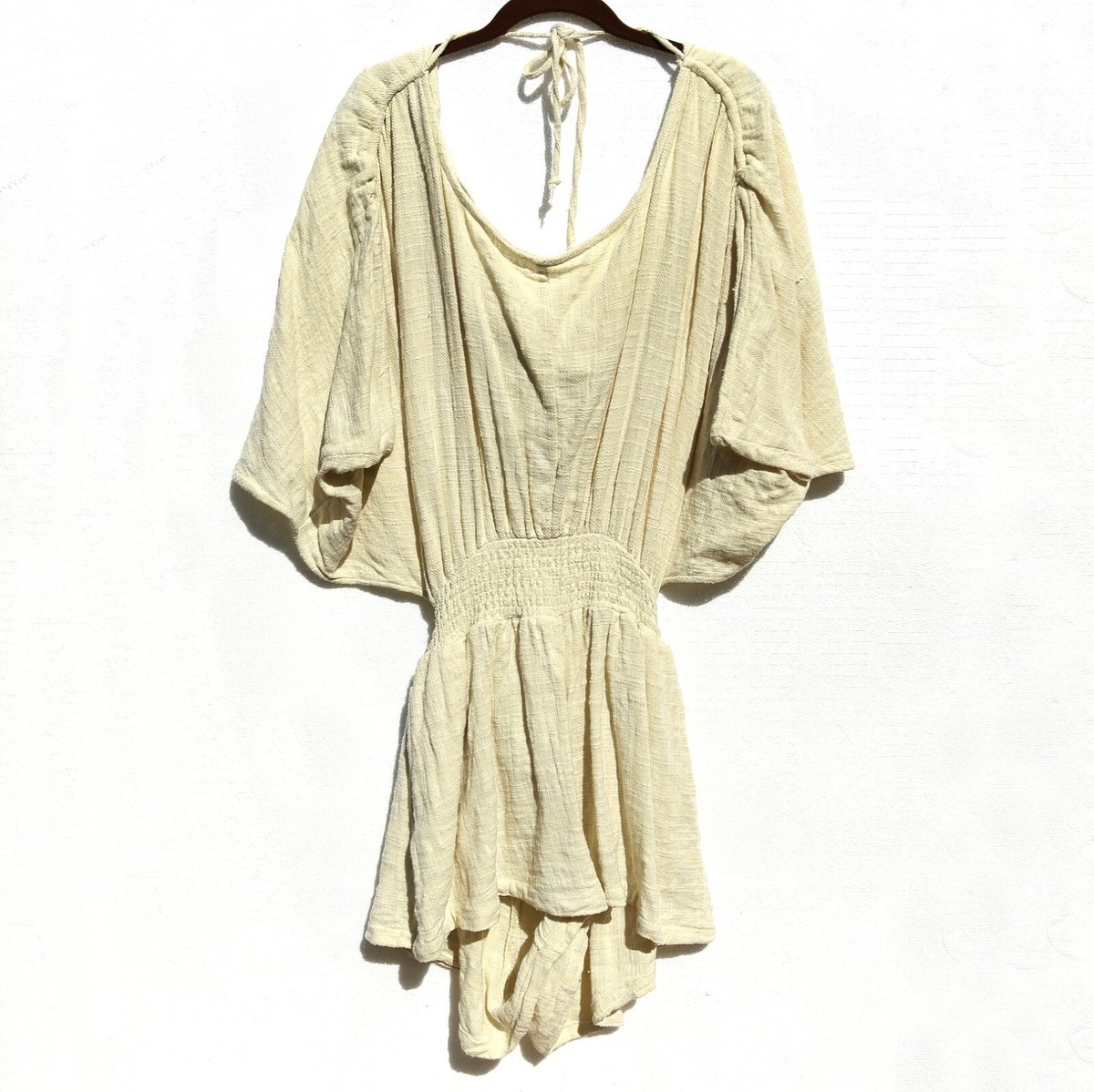 Free People Tie Back Romper Dress Pale Yellow XS Boho Draped Sleeves  Drawstring