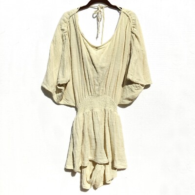 Free People Tie Back Romper Dress Pale Yellow XS Boho Draped Sleeves Drawstring