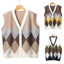 Gilet Donna A Quadri Senza Maniche In Maglia Con Bottone A V Largo