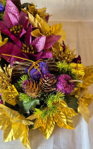 Artificial Flowers Christmas Table Centerpiece Poinsettia Rose Berries Holly - Picture 11 of 16