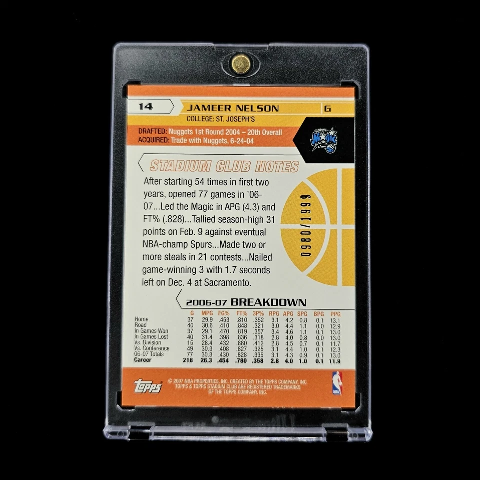 Jameer Nelson Numerado #/1999 2007-08 Topps Stadium Club Edición 1er Día Holo #14 Foto 3 de 3