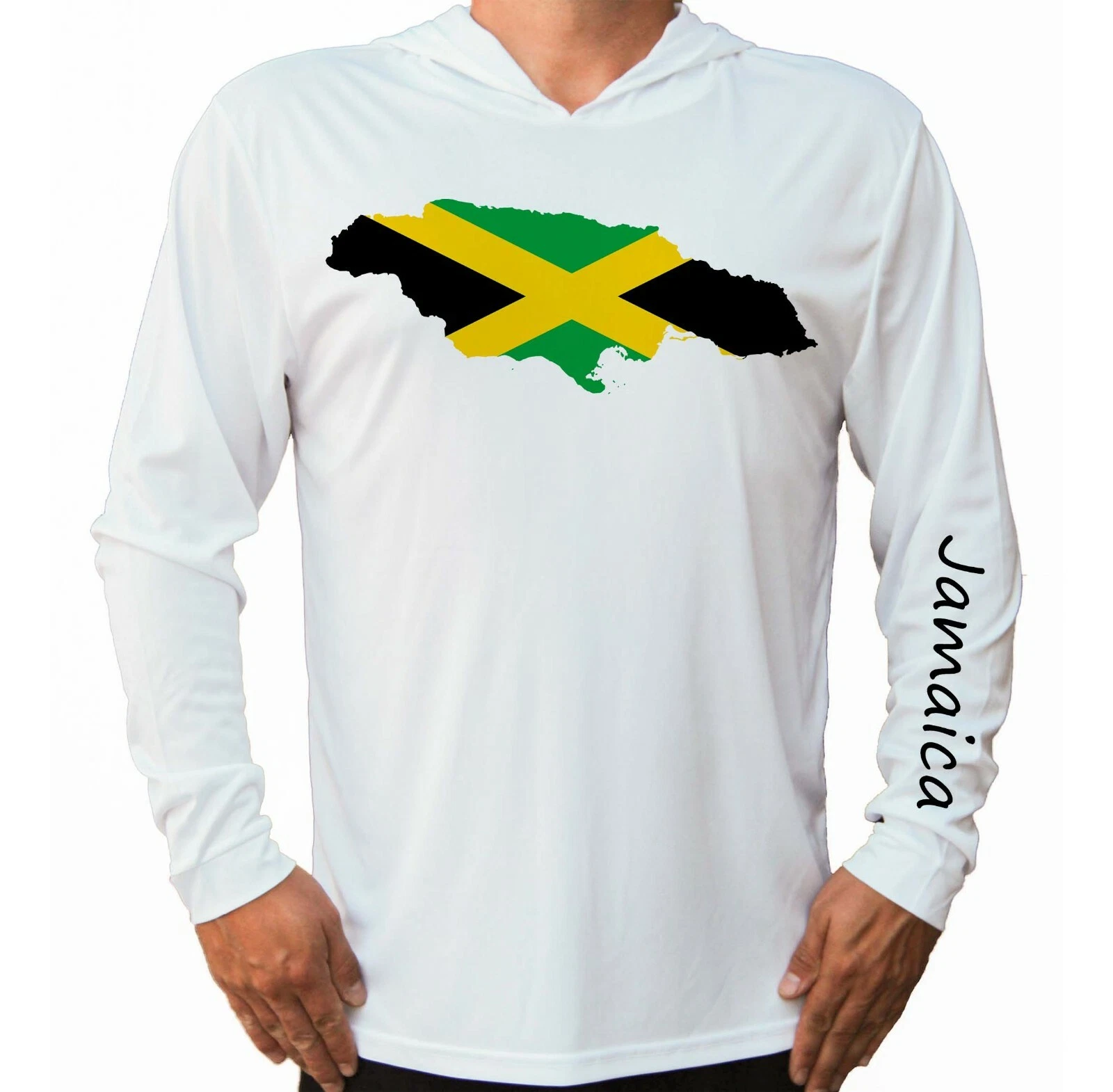 Jamaica Flag Map UV Protect UPF 50 Long Sleeve T-Shirt Hood Fishing