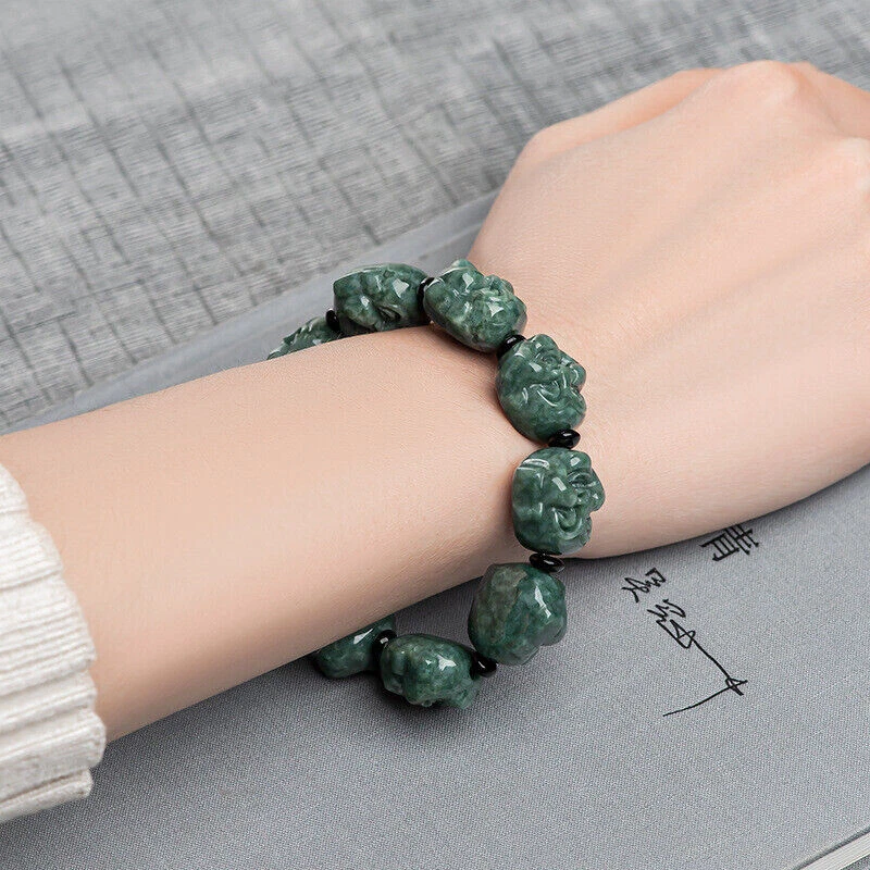 Pulsera de cuentas de Buda bendición jadeíta verde 100 % natural grado A real Foto 4 de 4