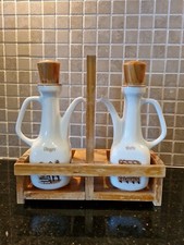 Brocche olio e aceto ceramica vintage in legno con tappi in legno 19 cm