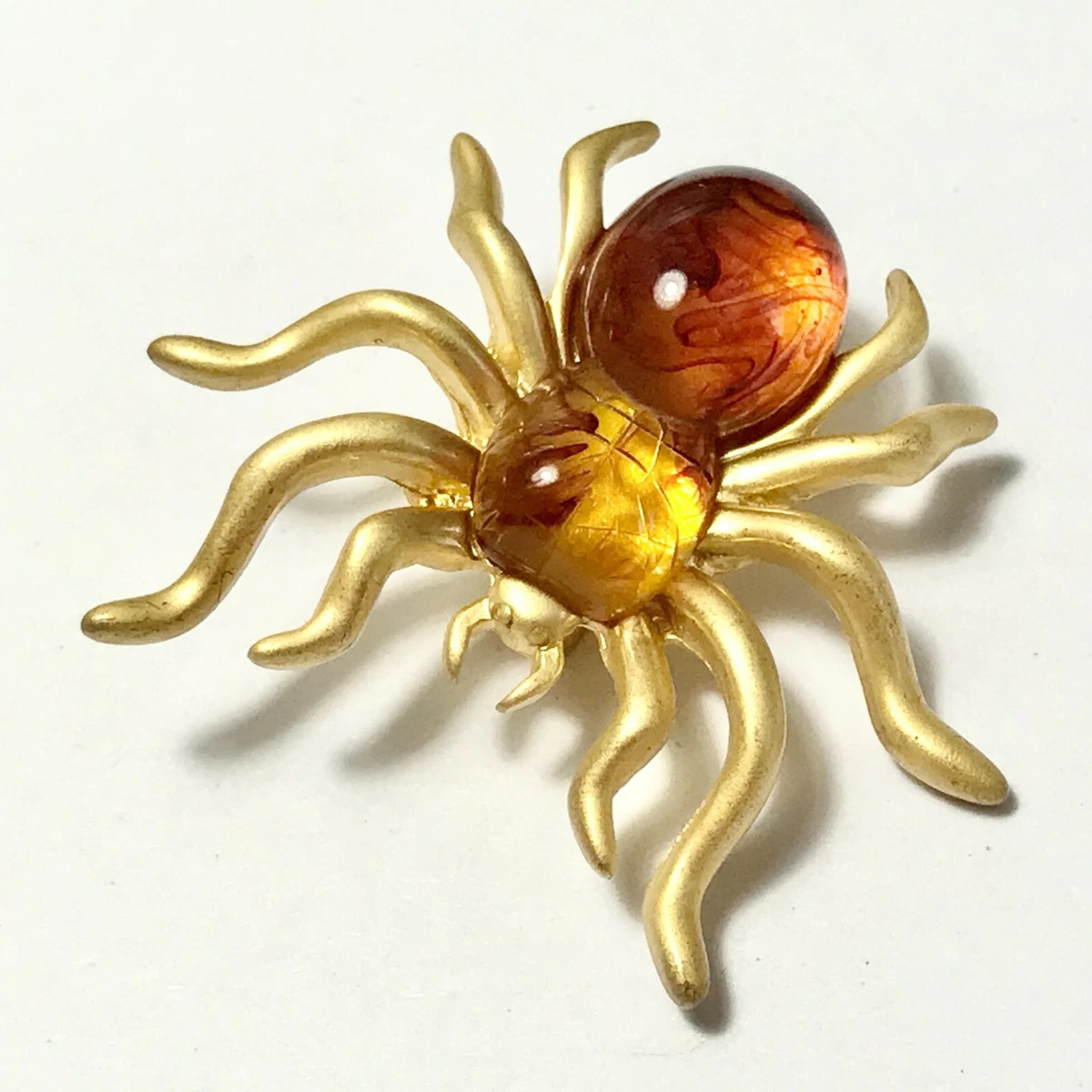 Vintage Honey Amber Spider Pin Brooch Gold Plated Insect Halloween Simulated