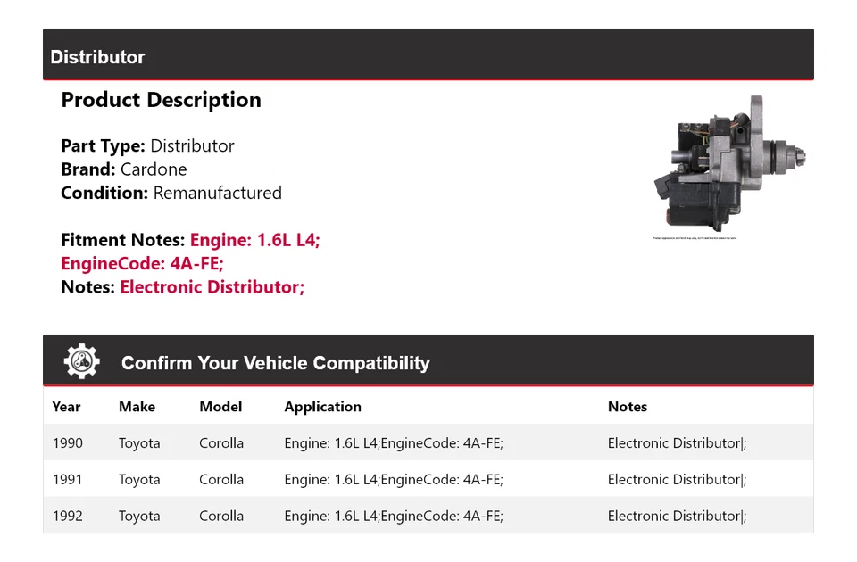 Para Toyota Corolla 1990-1992 1,6 L L4 distribuidor Cardone 1991 Foto 2 de 4