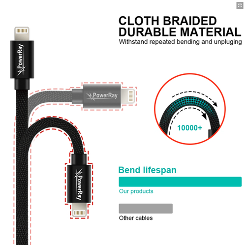 PowerRay Daten Kabel Data Cable PR-DCUL120TBK USB / Apple MFi 1,2 m Black - Picture 6 of 10
