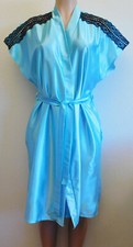 Vintage 80s Intimate Encounters Aqua Shiny Satin Short Robe Wrap Black Lace L