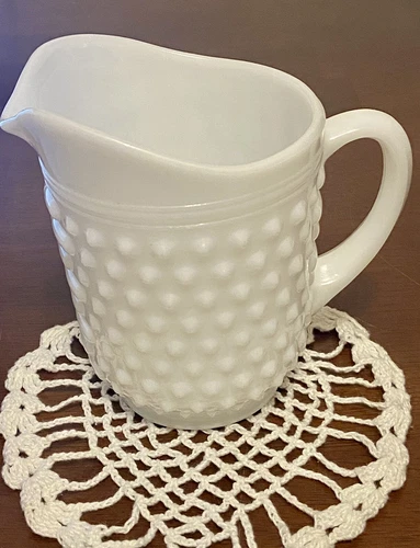 Vintage Anchor Hocking Hobnail and Bars Milk Glass Pitcher Creamer 16oz