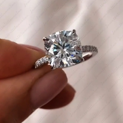 3.32Ctw Cushion Moissanite Solitaire Engagement Ring In 14K White Gold Plated