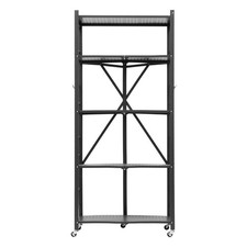 Compact Folding 5-Tier Black Metal Shelf, Rolling Storage Organizer
