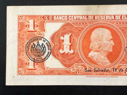 Banconota Banca Centrale El Salvador Un Colon 1964-1966 - Scarsa - Quasi Nuova - Foto 5 di 6