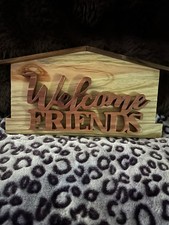 Handmade Rustic Brown Wood "Welcome Friends" House-Shaped Hanging Wall Sign