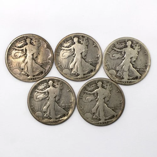 1917 P D D S S Lot of FIVE Walking Liberty Silver Half Dollars 50c Very Good