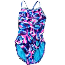 Dolfin Uglies Swimwear Women 34 One Piece Abstract Swirl Print Blue Pink Purple
