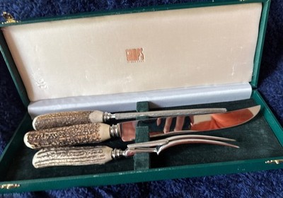 Vtg Gumps 3 Pc Stag Horn Carving Set Knife Fork Sharpener Box Sheffield England