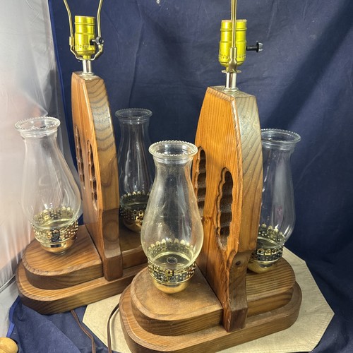 Pair of Triple Wooden Lamp Unique w/Glass Chimney 3 Settings - Tested/Working - Picture 3 of 15